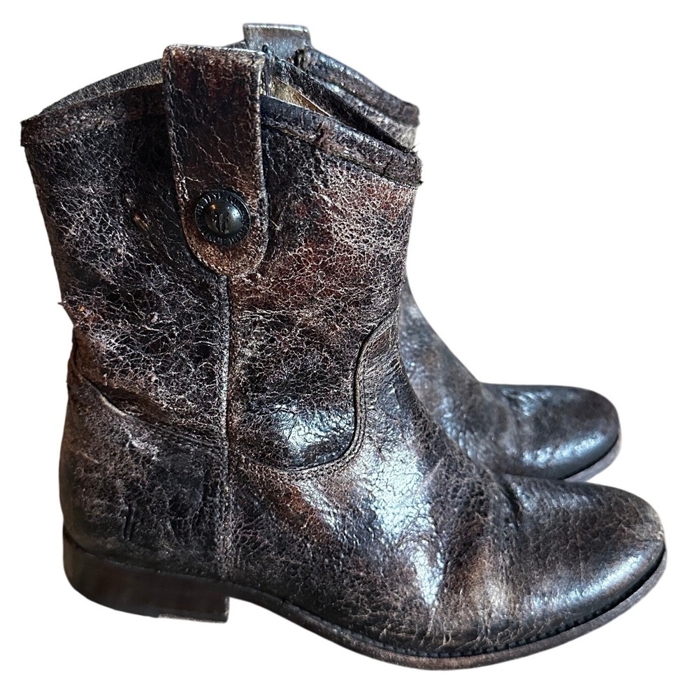 Frye Dark Brown Distressed Leather Melissa Button Short Ankle Boots Women's 6.5